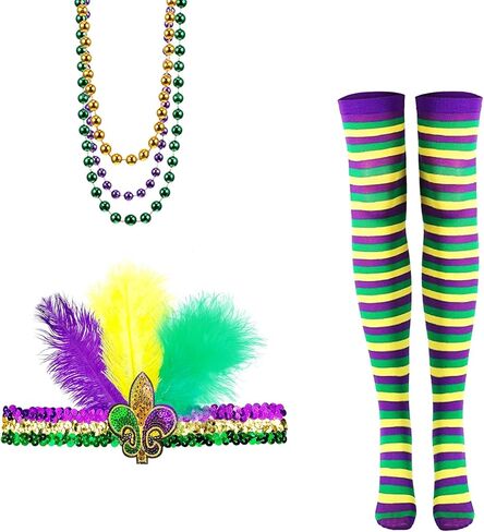 مجموعة إكسسوارات أزياء ماردي غرا مكونة من 3 قطع، جوارب طويلة مخططة من ماردي غرا، عصابة رأس من الريش المطاطي بالترتر، قلادات خرز ملونة للنساء in Kuwait
