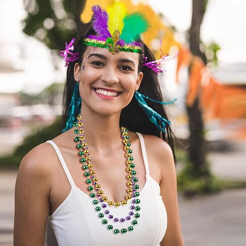 مجموعة إكسسوارات أزياء ماردي غرا مكونة من 3 قطع، جوارب طويلة مخططة من ماردي غرا، عصابة رأس من الريش المطاطي بالترتر، قلادات خرز ملونة للنساء in Kuwait