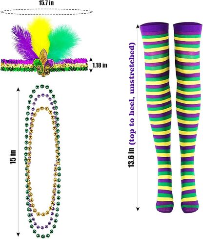 مجموعة إكسسوارات أزياء ماردي غرا مكونة من 3 قطع، جوارب طويلة مخططة من ماردي غرا، عصابة رأس من الريش المطاطي بالترتر، قلادات خرز ملونة للنساء in Kuwait