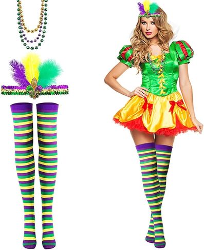 مجموعة إكسسوارات أزياء ماردي غرا مكونة من 3 قطع، جوارب طويلة مخططة من ماردي غرا، عصابة رأس من الريش المطاطي بالترتر، قلادات خرز ملونة للنساء in Kuwait