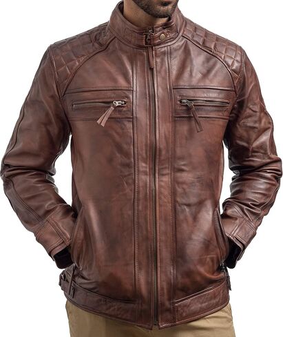 Cafe Racer Motorcycle Jacket Men - Real Lambskin Leather Jacket Mens in Saudi Arabia
