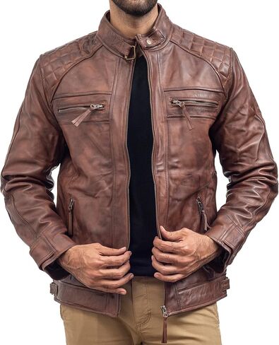 Cafe Racer Motorcycle Jacket Men - Real Lambskin Leather Jacket Mens in Saudi Arabia