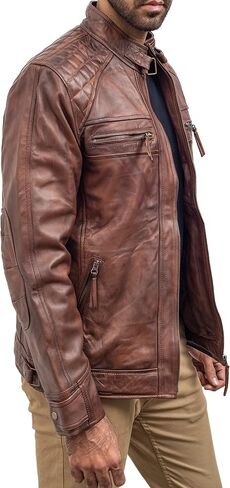 Cafe Racer Motorcycle Jacket Men - Real Lambskin Leather Jacket Mens in Saudi Arabia