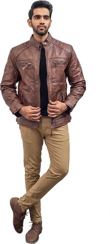 Cafe Racer Motorcycle Jacket Men - Real Lambskin Leather Jacket Mens in Saudi Arabia