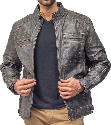 Cafe Racer Motorcycle Jacket Men - Real Lambskin Leather Jacket Mens in Saudi Arabia