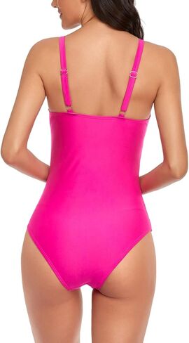 Smismivo Women's Tummy Control Swimsuit One Piece Slimming Ruched Push Up Bathing Suit Vintage Padded Retro V Neck Swimwear in Kuwait