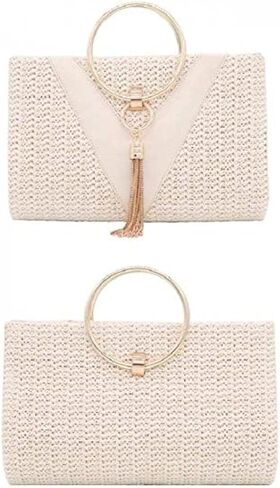 Simcat حقيبة يد من القش حقيبة مسائية بمقبض للنساء، حقيبة يد أنيقة للصيف على الشاطئ ومقبض علوي من القش مع سلسلة in Kuwait