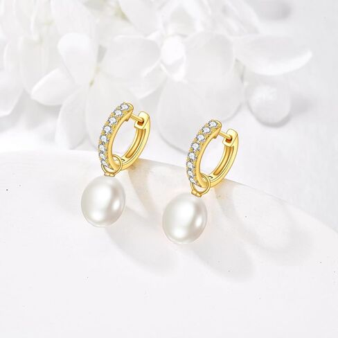 Yellow Gold Pearl Drop Leverback Earrings Fine Gold Classical Freshwater Pearl Hoop Earrings Christmas Gifts for Women Girls in Saudi Arabia