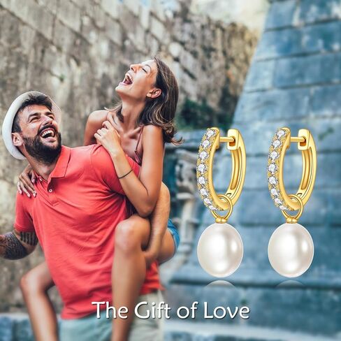 Yellow Gold Pearl Drop Leverback Earrings Fine Gold Classical Freshwater Pearl Hoop Earrings Christmas Gifts for Women Girls in Saudi Arabia