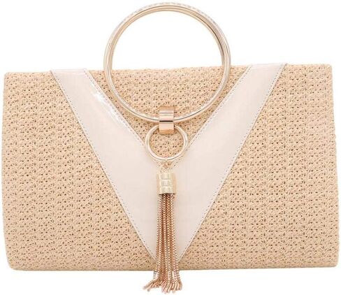 Simcat حقيبة يد من القش حقيبة مسائية بمقبض للنساء، حقيبة يد أنيقة للصيف على الشاطئ ومقبض علوي من القش مع سلسلة in Kuwait