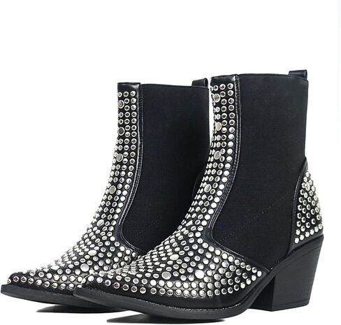 ميلوسي حذاء تشيلسي بطول الكاحل للنساء بمقدمة مدببة، حذاء قتالي مرن بكعب عريض وتصميم غربي سهل الارتداء in Kuwait