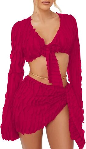 Azhong المرأة مثير كشكش 2 قطعة التنانير طويلة الأكمام العميق الخامس رابطة عنق الجبهة المحاصيل الأعلى و الجانب التعادل تنورة صغيرة مجموعة in Kuwait