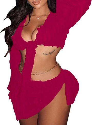 Azhong المرأة مثير كشكش 2 قطعة التنانير طويلة الأكمام العميق الخامس رابطة عنق الجبهة المحاصيل الأعلى و الجانب التعادل تنورة صغيرة مجموعة in Kuwait