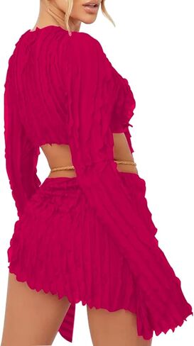 Azhong المرأة مثير كشكش 2 قطعة التنانير طويلة الأكمام العميق الخامس رابطة عنق الجبهة المحاصيل الأعلى و الجانب التعادل تنورة صغيرة مجموعة in Kuwait