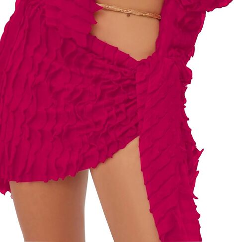 Azhong المرأة مثير كشكش 2 قطعة التنانير طويلة الأكمام العميق الخامس رابطة عنق الجبهة المحاصيل الأعلى و الجانب التعادل تنورة صغيرة مجموعة in Kuwait