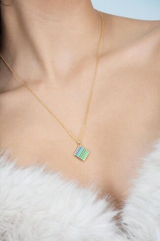 Margraf Di S925 Silver Gradient Ramp Rhombus Enamel Process Pendant Necklace for Women Girls 18K Yellow Gold Plated 17.72+1.97inch Chain Lattice Pattern Jewelry in Saudi Arabia