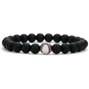 Caiyao Fashion Black White Baseball Power Bracelet 8MM Matte Agate Lava Rock Stone Beaded Elastic Bracelet All in Faith Sports Jewelry for Men Women Girls Boy Gifts