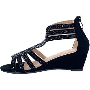 ABSOLEX Girl's Ankle Strap Rhinestone Dressy Low Heel Wedge Pump Sandal