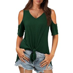 KTILG Cold Shoulder Tops for Women Summer Casual Tie Knot Front V Neck Short Sleeve Shirts Blouses