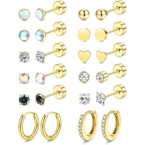 LOLIAS Hypoallergenic Surgical Steel Earrings for Sensitive Ears-20G Flat Back Earrings for Women Men-Small Stainless Steel Earrings Studs Hoop Cartilage Earring Opal Ball CZ Flatback Earrings