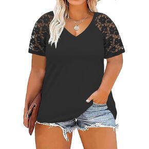 DOLNINE Plus-Size-Tops for Women Summer V Neck Casual Shirts Lace Short Sleeve Tees in Saudi Arabia