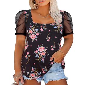 TIYOMI Plus Size Tops for Women Round Neck Square Neck T Shirts Summer Casual Short Sleeve Tunic Blouses XL-5XL