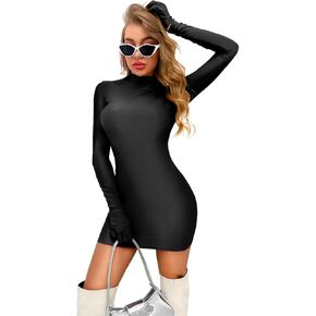 Kaei&Shi 2000s Bodycon Dress, Glossy Shiny, Attached Gloves, Party Outfit