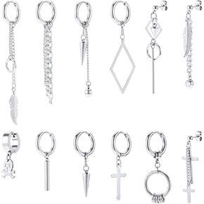 12 Pcs Dangle Cross Earrings for Men Surgical Steel Earrings Sets Dangling Chain Hypoallergenic Earrings Hoops in Kuwait