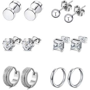 PINKPIN 6 أزواج من الأقراط الرجالية المصنوعة من الفولاذ المقاوم للصدأ مجموعة أقراط دائرية للرجال والنساء مجوهرات الأذن فضية in Kuwait