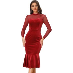 Allegra K See Through Velvet Bodycon Dress for Women's Sheer Mesh Long Sleeve Midi Cocktail Mermaid Dress in Kuwait