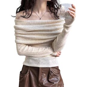 Women Long Sleeve Off The Shoulder Sweater Tops Sexy Shirt Black White Red Cute Ribbed Fiited Blosue