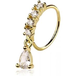 Pierced Owl 20GA 316L Stainless Steel CZ Crystal Lined Hoop with Dangling Teardrop Bendable Nose Ring