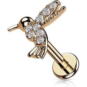 Amelia Fashion 16GA CZ Paved Hummingbird Top on Internally Threaded 316L Surgical Steel Flat Back Stud for Labret, Monroe, Cartilage and More