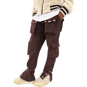 OYOANGLE Men's Streetwear Drawstring Waist Button Side Flap Pocket Crago Pants Trousers