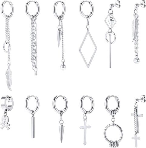12 Pcs Dangle Cross Earrings for Men Surgical Steel Earrings Sets Dangling Chain Hypoallergenic Earrings Hoops in Saudi Arabia