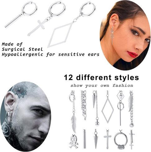 12 Pcs Dangle Cross Earrings for Men Surgical Steel Earrings Sets Dangling Chain Hypoallergenic Earrings Hoops in Saudi Arabia