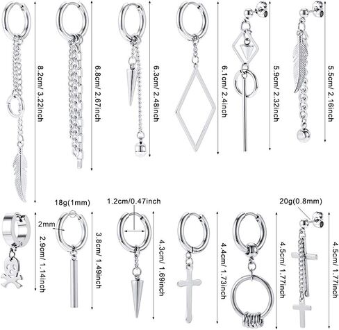 12 Pcs Dangle Cross Earrings for Men Surgical Steel Earrings Sets Dangling Chain Hypoallergenic Earrings Hoops in Saudi Arabia