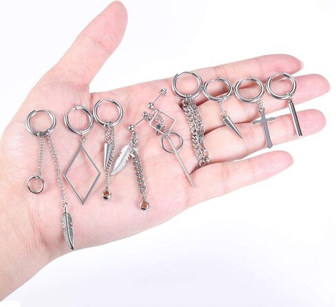 12 Pcs Dangle Cross Earrings for Men Surgical Steel Earrings Sets Dangling Chain Hypoallergenic Earrings Hoops in Saudi Arabia