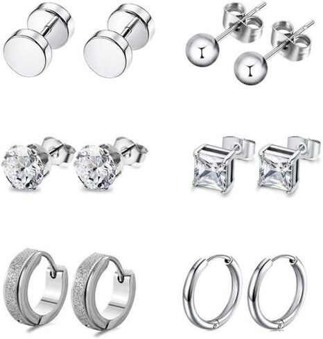 PINKPIN 6 أزواج من الأقراط الرجالية المصنوعة من الفولاذ المقاوم للصدأ مجموعة أقراط دائرية للرجال والنساء مجوهرات الأذن فضية in Kuwait