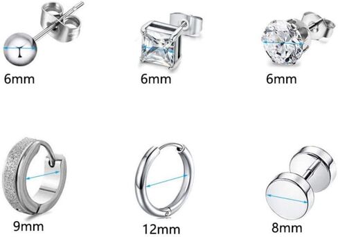 PINKPIN 6 أزواج من الأقراط الرجالية المصنوعة من الفولاذ المقاوم للصدأ مجموعة أقراط دائرية للرجال والنساء مجوهرات الأذن فضية in Kuwait