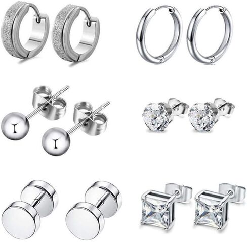 PINKPIN 6 أزواج من الأقراط الرجالية المصنوعة من الفولاذ المقاوم للصدأ مجموعة أقراط دائرية للرجال والنساء مجوهرات الأذن فضية in Kuwait