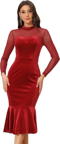 Allegra K See Through Velvet Bodycon Dress for Women's Sheer Mesh Long Sleeve Midi Cocktail Mermaid Dress in Kuwait