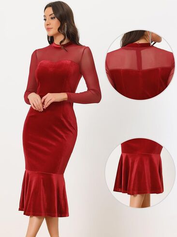 Allegra K See Through Velvet Bodycon Dress for Women's Sheer Mesh Long Sleeve Midi Cocktail Mermaid Dress in Kuwait