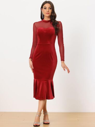 Allegra K See Through Velvet Bodycon Dress for Women's Sheer Mesh Long Sleeve Midi Cocktail Mermaid Dress in Kuwait