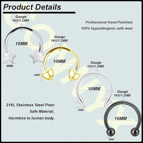 SONNYX 12 جهاز كمبيوتر شخصى 16G حلقات الحاجز للنساء الرجال الفولاذ المقاوم للصدأ مترابطة داخليا حدوة الحصان الحاجز هوب الحلزون Daith الغضروف الزنمة أقراط ثقب المجوهرات in Kuwait