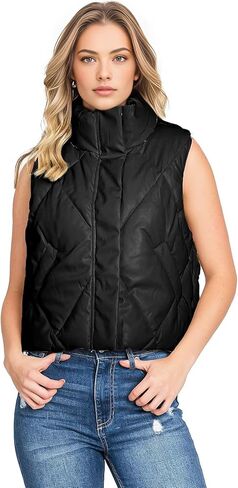 Love Tree Women's Juniors Faux Leather Quilted Puffer Vest in Kuwait