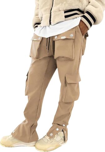 OYOANGLE Men's Streetwear Drawstring Waist Button Side Flap Pocket Crago Pants Trousers in Kuwait