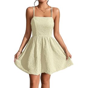 WDIRARA Women's High Waist Spaghetti Strap Jacquard Lace Up Backless Cami Mini Dress