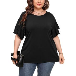 AusLook Plus Size Tunic for Women Double Ruffle Short Sleeve Clothes Loose Fit Clothing Flowy Shirts Summer Tops in Saudi Arabia