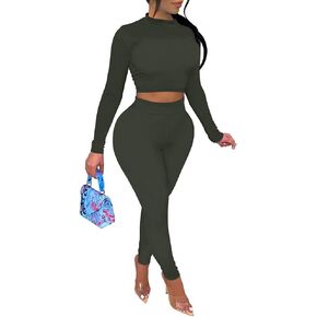 LAGSHIAN Women's Sexy 2 Piece Outfits Jumpsuit Set Long Sleeve Crop Top High Waist Pant